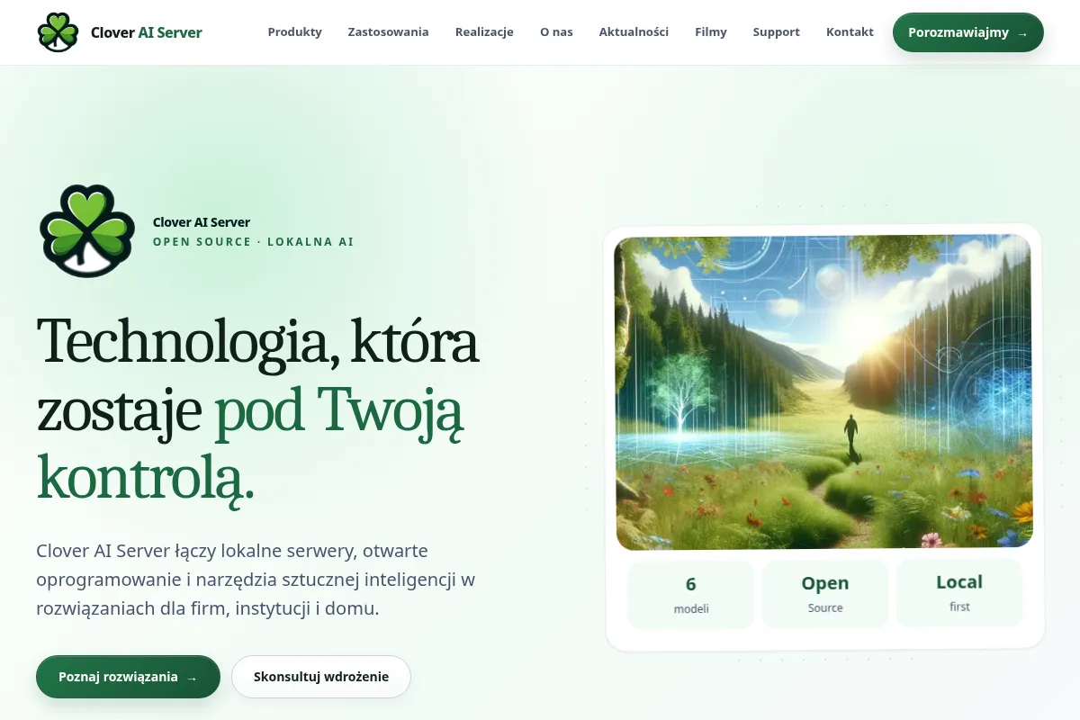 Podgląd nowej witryny Clover AI Server z produktami i realizacjami